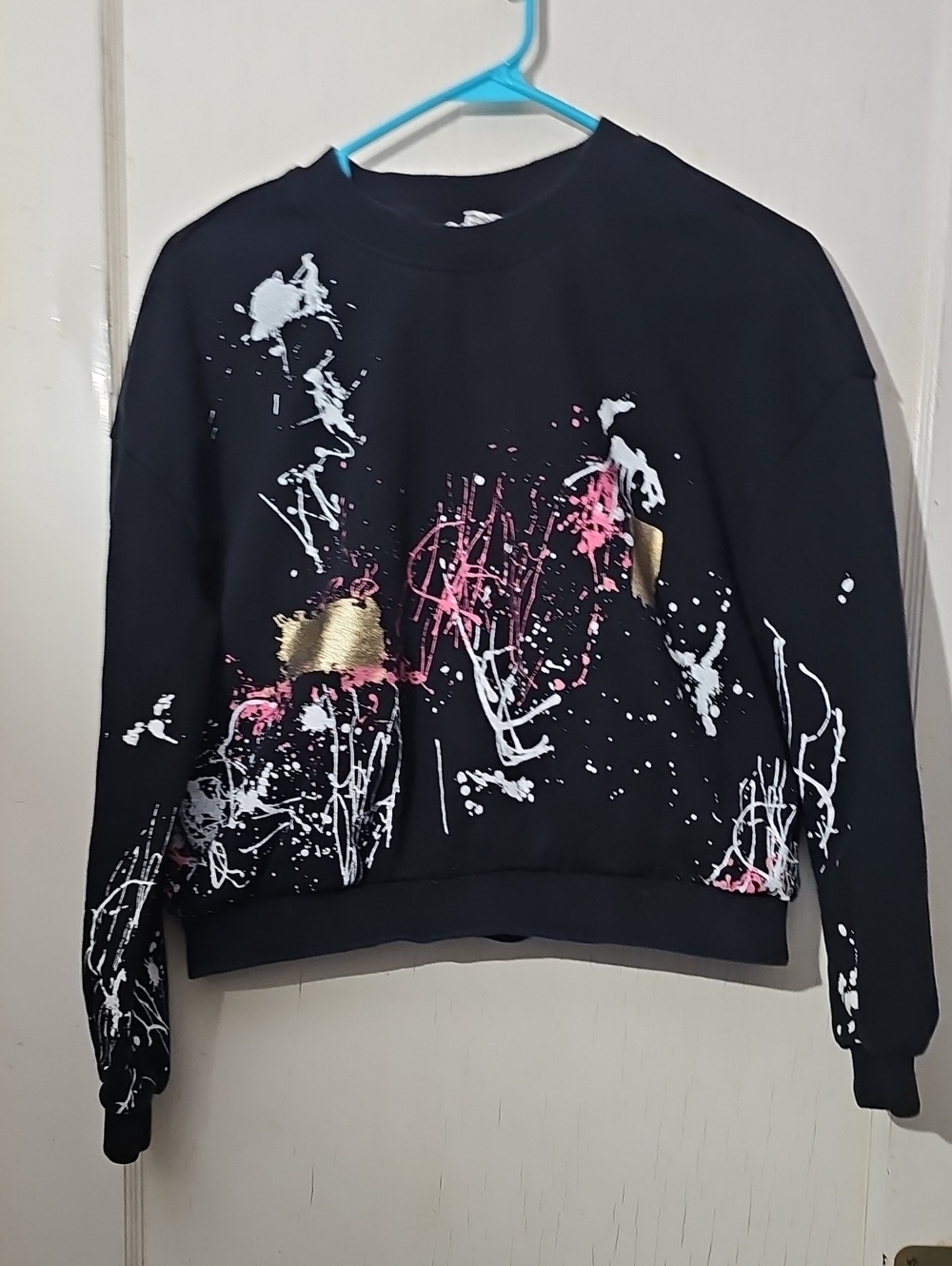 Black Paint-Splatter Women's Sweatshirt with Pink and Gold Accents